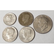 UNITED STATES OF AMERICA 1971 ONWARDS . HALF 1/2 DOLLAR and ONE DOLLAR COINS . 5 COINS
